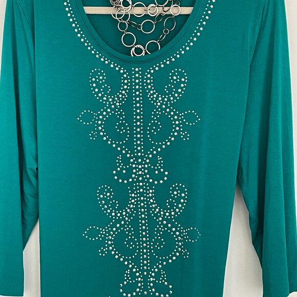 Silver Studded Round Neck Embellished T-Shirt 3/4 Sleeve Green… - Picture 2 of 4